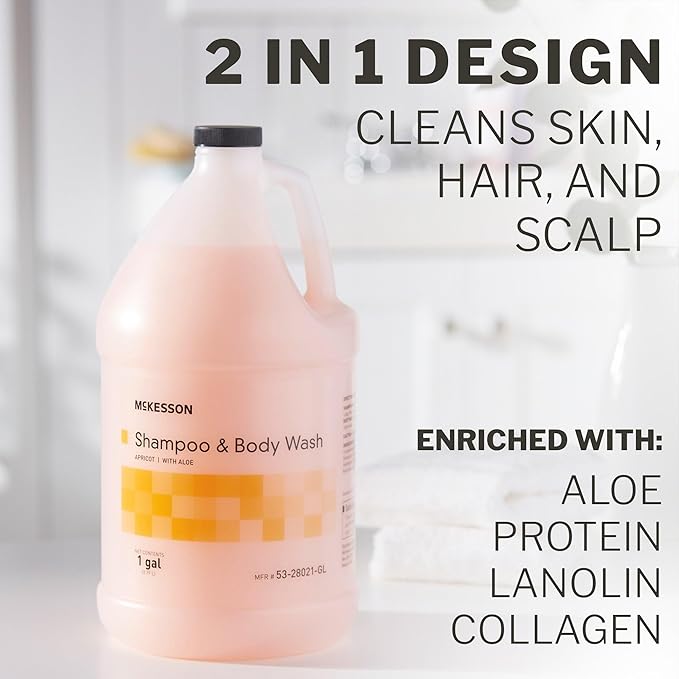 McKesson Body Wash and Shampoo - 1  Gallon Bulk Refill Full Body Wash with Aloe, Apricot Scent - Sensitive Skin & Hair 2‑in‑1