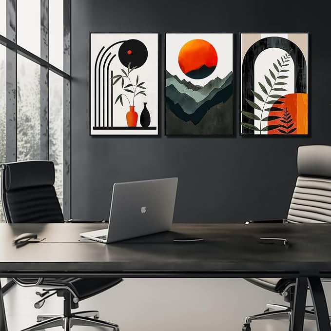 Framed Boho Wall Art for Living Room, Bohemian Canvas Wall-Decor for Bedroom, Mountian Moon and Geometric Shapes Picture Prints, Size 24 x 36 Inches 3-Pieces