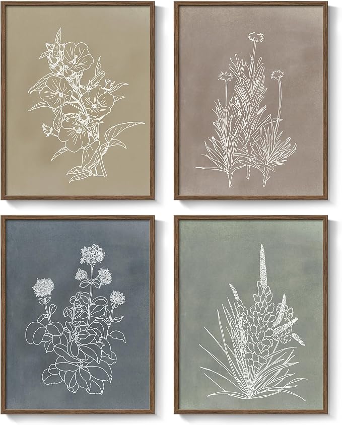 Framed Boho Neutral Botanical Wall Art for Living Room, 4 Piece 12x16 In | Rustic retro artwork, Floral pictures, Canvas prints, Vintage flower paintings, Modern farmhouse wall decor, Bedroom decor