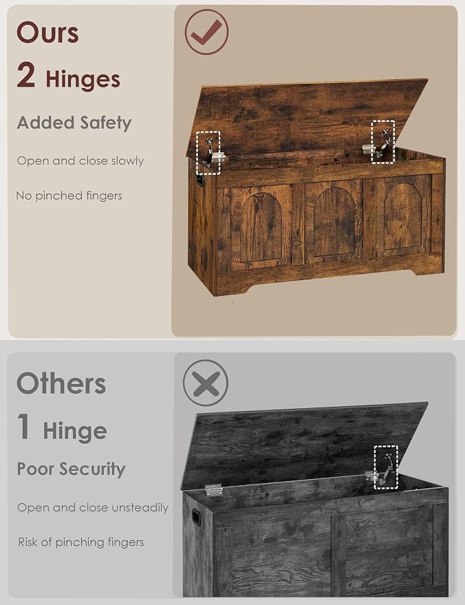 Storage Chest, Wooden Toy Box, Rustic Brown 39.4" L | Entryway Shoe Bench, 2 Soft-close Hinges, Finger-safe Flip-Top Lid, Easy Assembly, Farmhouse Large Trunk, Living Room/Bedroom