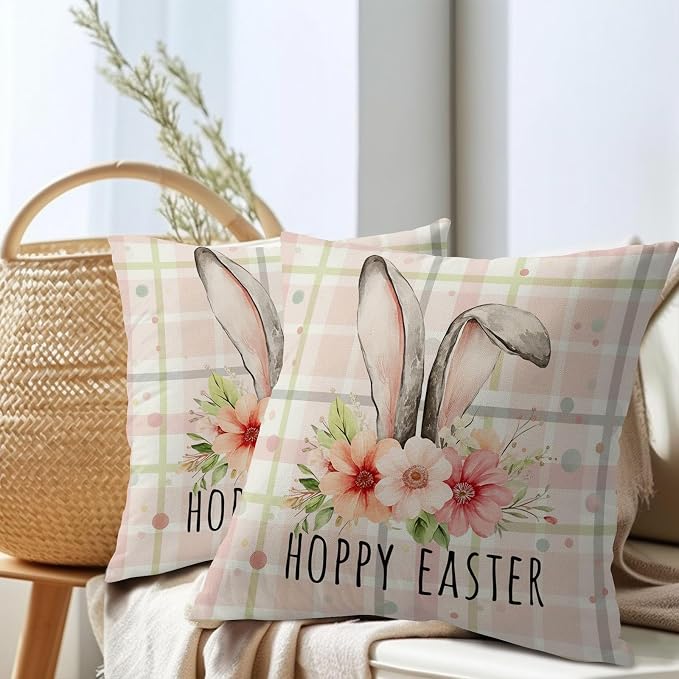Easter Bunny Floral Pillow Covers 24X24 Inch Spring Pink Buffalo Plaid Decorative Pillow Cases Rabbit Flower Throw Pillows Set of 2 Seasonal Modern Farmhouse Home Decor for Sofa Couch Outdoor