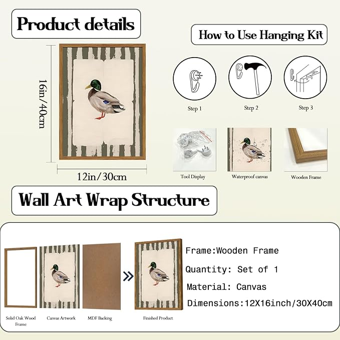 Framed Vintage Mallard Duck Wall Art, Country Farmhouse Duck Pictures Wall Decor, Rustic Wildlife Animal Paintings Canvas Prints Cottagecore Home Decor for Living Room Bedroom nursery 12x16 inch