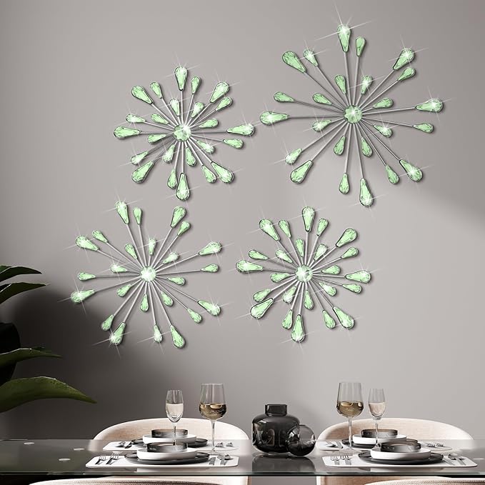 Hicarer 4 Pcs Starburst Wall Decor Bling Wall Art Crystal Teardrop 3D Hanging Rhinestone Radial Metal Artwork Modern Accent Sculptures Decorations for Living Room Home Office Bedroom(Green)