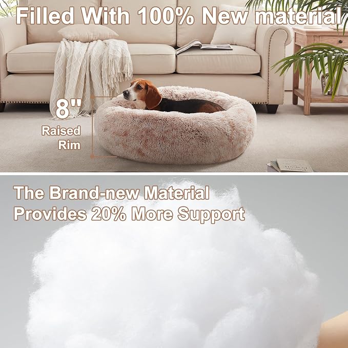 33 in Faux Fur Fluffy Donut Dog Bed for Medium Plus Dogs,Brown | Calming Plush Round Pet Bed with Removable & Washable Cover,Fits up to 65 lbs Pets