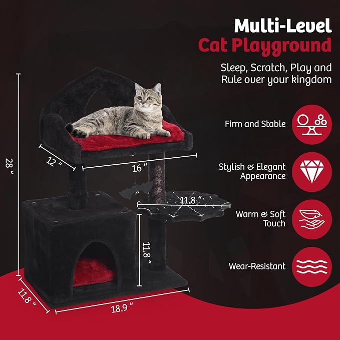 Gothic Cat Tree - 28in Black Cat Condo with Regal Throne Bed, Spooky Hanging Bat and Durable Sisal Scratching Post - Goth Cat Tree for Majestic Rest