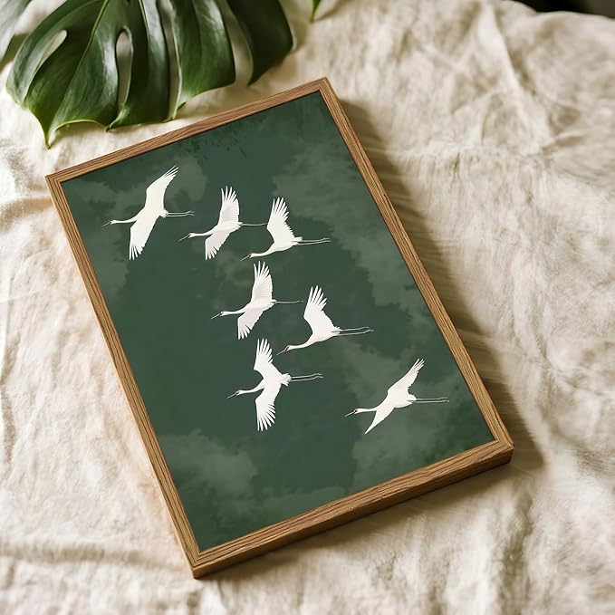 Framed Japanese Flying Cranes Wall Art, Vintage Bird Pictures Wall Decor Paintings, Rustic Nature Animal Canvas Prints Minimalist Home Decor for Living Room Bedroom Office Zen 12x16 inch