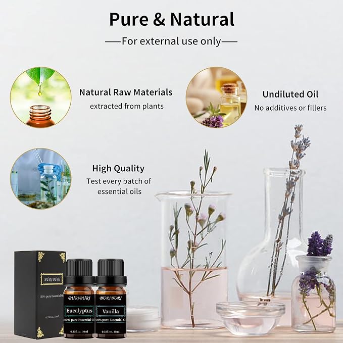 Eucalyptus and Vanilla Essential Oil Set 2 Pack, 100% Pure Diffuser Oil for Massage, Soap Making