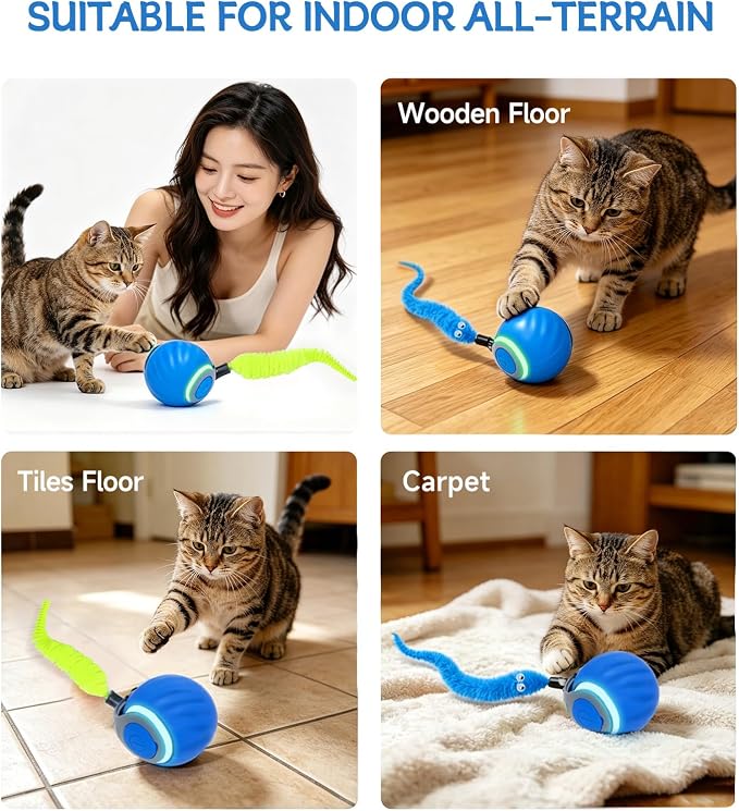 Interactive Cat Toy Ball - Automatic Moving Cat Ball for Indoor Cats with 3 Tails, Rechargeable Silent Kitten Toy for Boredom & Exercise, Rolling Ball Toy with 2 Modes & 2 Speeds.