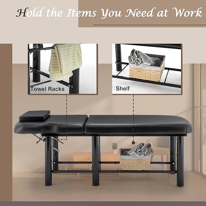 Professional Massage Bed 73 Inch, Treatment Table Salon Bed with Removable Headrest, Stationary Physical Therapy Table Spa Facial with Adjustable Backrest, Steel Frame, Black
