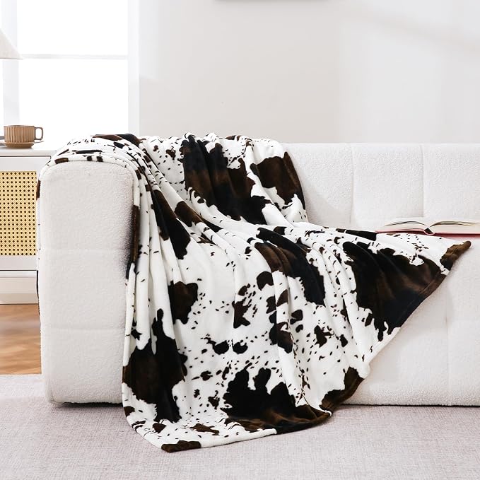 Bnuitland Cow Printed Fleece Flannel Throw Blanket, 300 GSM Double Sided Fuzzy Fluffy Blanket for Bed Sofa Couch Travel, Super Soft Lightweight for Adults and Kids, 50×60 inch