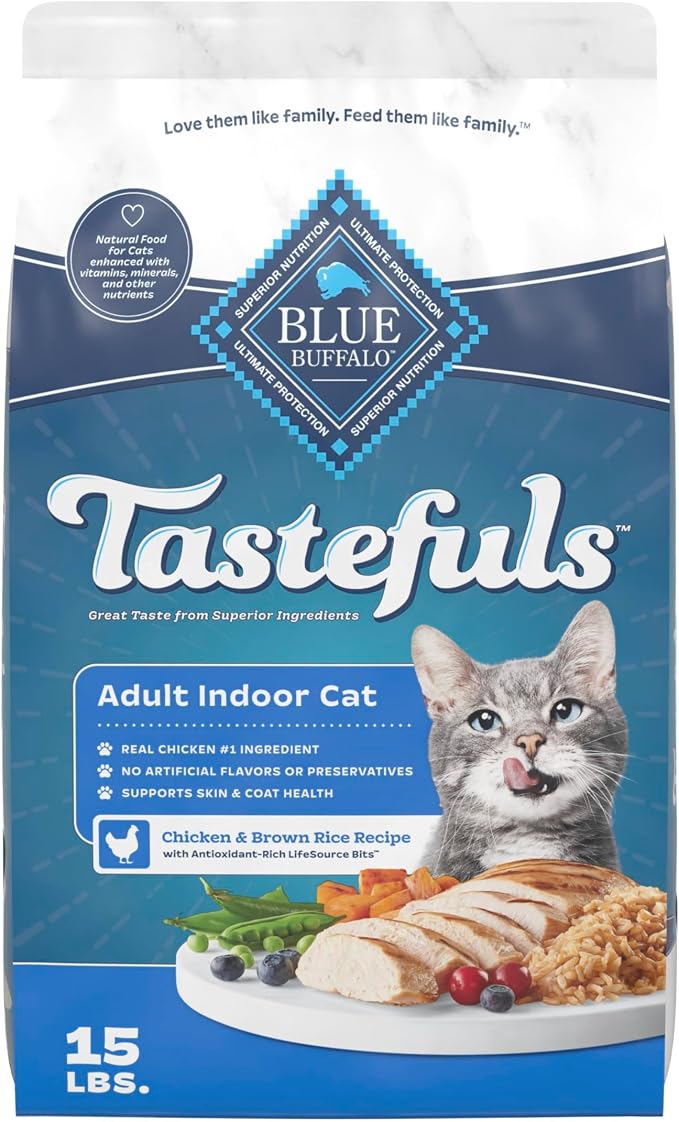 Blue Buffalo Tastefuls Chicken Adult Indoor Dry Cat Food, 15 lb | Chicken & Brown Rice Recipe, Antioxidant-Rich LifeSource Bits, No Corn, Wheat, or Soy