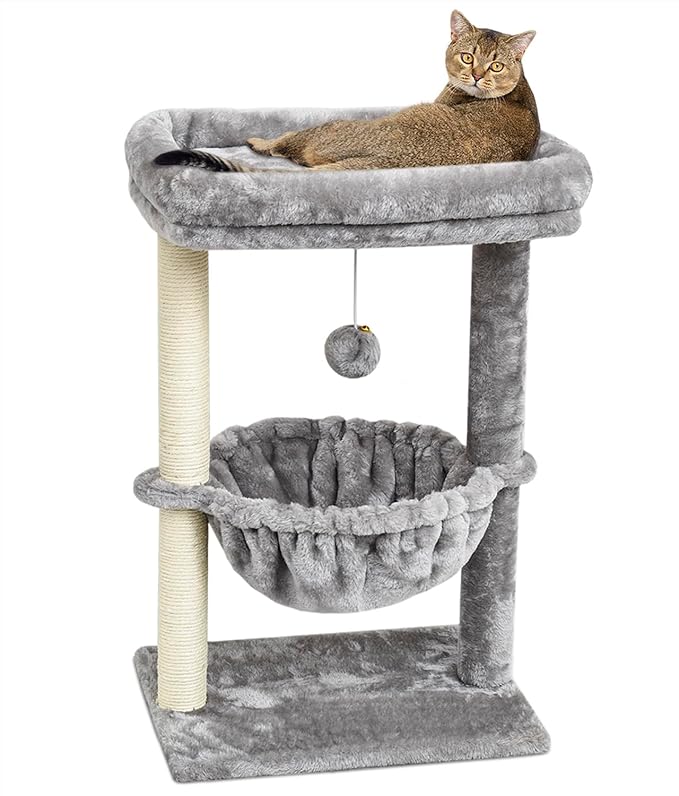 SYANDLVY Small Cat Tree for Indoor Cats, Activity Cat Tower with Scratching Post for Kittens, Cat Bed & Furniture with Basket & Hanging Ball for Play Rest | Scratching Post, Cat Bed & Furniture with Basket & Hanging Ball for Play Rest, Grey