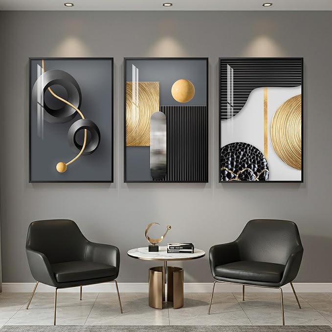 Large Framed Modern Elegant Wall Art for Living Room, 3 Piece 24x36 In | Black gold luxuery wall prints, Abstract geometric paintings, Crystal wall art for bedroom dining room office hallway
