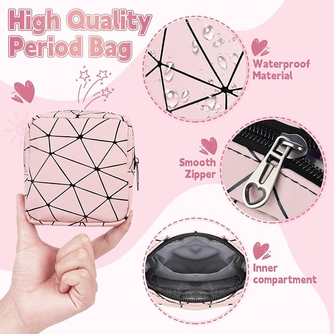 Discreet Period Bag Waterproof Geometric PU Sanitary Napkin Storage Bag Portable Menstrual Pad Pouch Cute Tampon Bag for Purse Small Makeup Bag S-Apricot