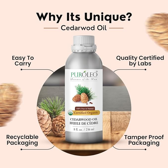 PUROLEO Organic Certified USDA Cedarwood Essential Oil 8 Fl Oz/236 ML (Packed in Canada) 100% Pure Natural Undiluted Oil for Aromatherapy, Massage, Diffuser, DIY Projects, Fragrance | Non-GMO Verified