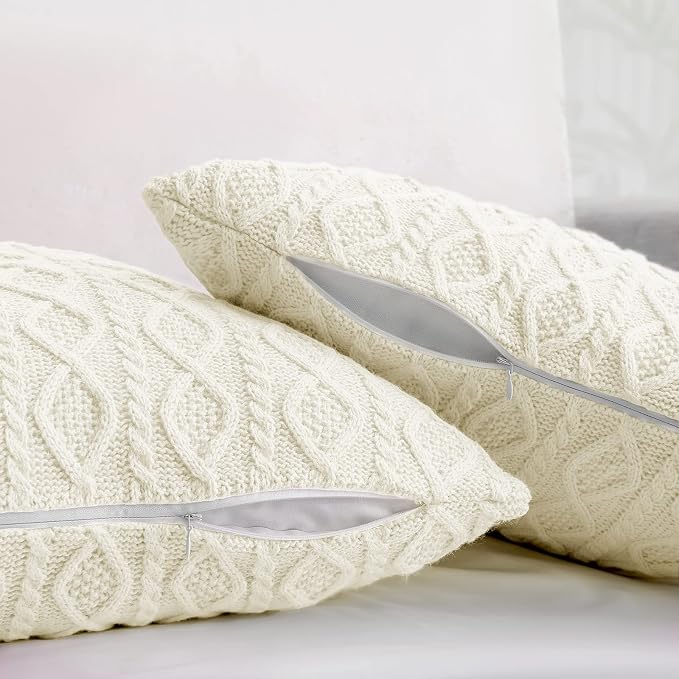 Homiest Cream White Cable Knit Throw Blanket Set of 3, with 2 Pillow Covers | Pure Acrylic, Lightweight & Breathable, All-Season Use, Machine Washable, Wrinkle & Fade Resistant, for Couch Bed And Sofa