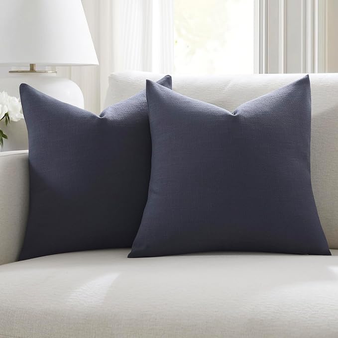 Meekio Set of 2 Midnight Blue Throw Pillow Covers 20x20, Modern Farmhouse Linen Blend Decorative Pillow Covers for Couch Sofa Bed, Neutral Home Decor