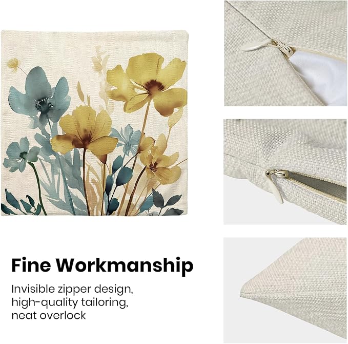 Spring Floral Pillow Covers 20x20 Inch Set of 2 Blue Yellow Floral Throw Pillow Cover Outdoor Modern Summer Flower Decoration Pillowcase Farmhouse Decorative Linen Cushion Cover For Couch Sofa
