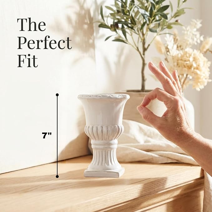 The Bridge Collection White Porcelain Greek Pedestal Urn Planter Vase | Antique Style Plant Pot Garden Accessory for Contemporary Cottage Vintage Decor Indoor Outdoor Home Decoration
