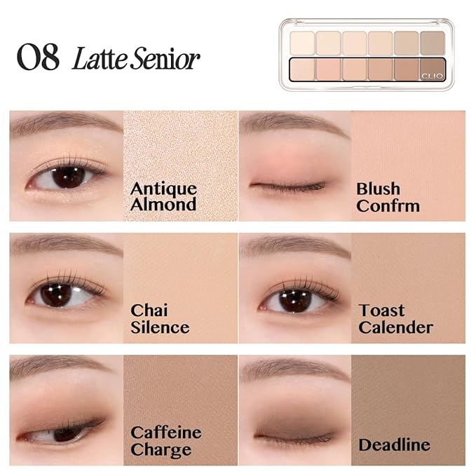 CLIO Pro Eye Palette Air, 12-Color Eye Shadow Palette, Matte Shimmer Mix, Air-Fit Blendable Pigmented Buildable Color, Low Fallout, Warm Brown Nude Neutral Tone, Daily Korean Makeup (08 LATTE SENIOR)