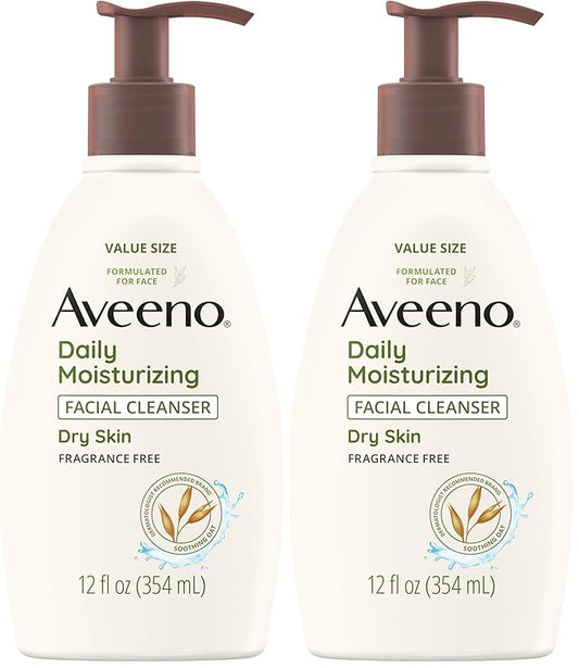 Aveeno Daily Moisturizing Facial Cleanser for Dry Skin,Gentle Face Cleanser with Soothing Oat for Skin that Feels Soft & Supple,Removes Dirt,Oil and Impurities,Fragrance Free,12 FL OZ,(Pack of 2)