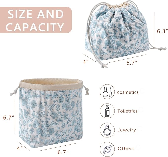 RSRSLEII Aesthetic Corduroy Drawstring Makeup Bag, Cute Coquette Drawstring Cosmetic Bag with Canvas Lining, Blue Flower Pattern Travel Makeup Organizer Case for Women Girls (07 LightBlue Flower)