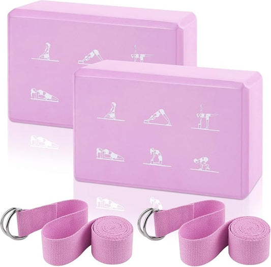 2 Yoga Block and 2 Yoga Strap Set,Non-slip EVA Foam Blocks, High Density Yoga Bricks with 6ft Strap, Supportive Latex-Free Yoga Block Accessories for Pilates