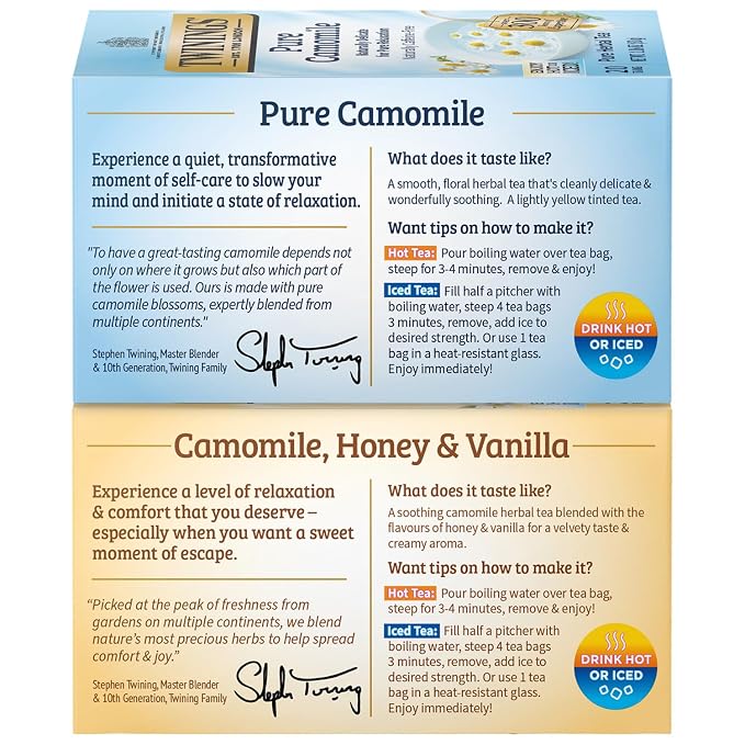 Twinings Camomile Herbal Tea Bag Variety 2-Pack – Pure + Honey & Vanilla Naturally Caffeine-Free Teas, 20 Count Each