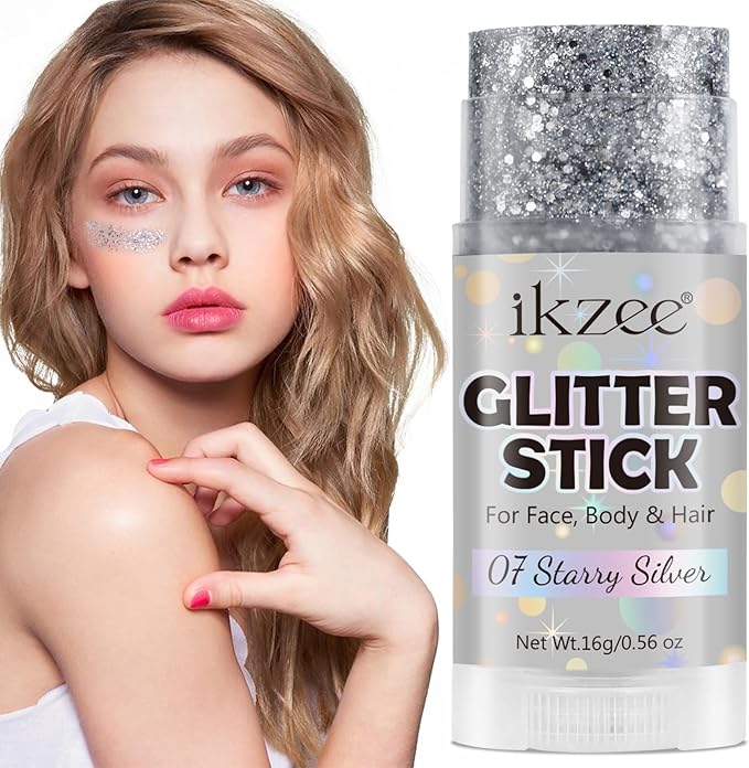 Silver Hair Glitter Stick, Christmas Body Glitter Stick, Waterproof & Long Lasting, Face Glitter Gel Makeup with Sparkle for Concerts Music Rave Festival Party Shimmer Accessories