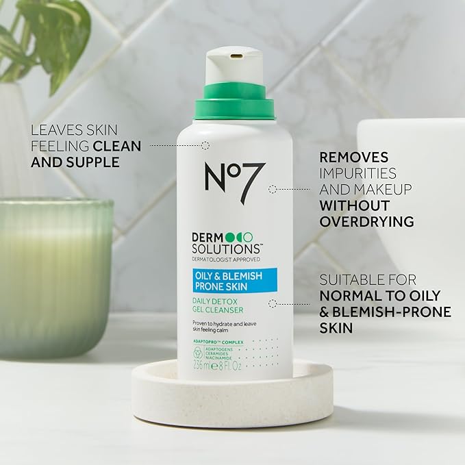 No7 Derm Solutions Daily Detox Foaming Face Wash - Gel Facial Cleanser Formulated with Ceramides, Niacinamide & Adaptogens To Help Maintain Moisture Barrier - For Oily & Blemish-Prone Skin (16 Fl Oz)