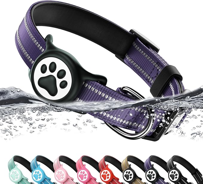 Premium Airtag Dog Collar，with IP68 Waterproof AirTag Holder,Purple,M | Soft,Breathable,Nylon Padded,Reflective,Ultra-Durable Buckle,Adjustable,Comfortable for Small Medium Large Dogs