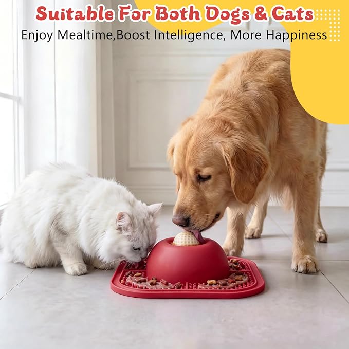 Slow Feeder Dog Bowls & Lick Mat for Liquid and Thick Treat, Anti-Slip Dog Lick Bowl with Interactive Rolling Ball, 5/6 Cup Pup Licking Toy for Large Medium Small Dogs and Cats Red
