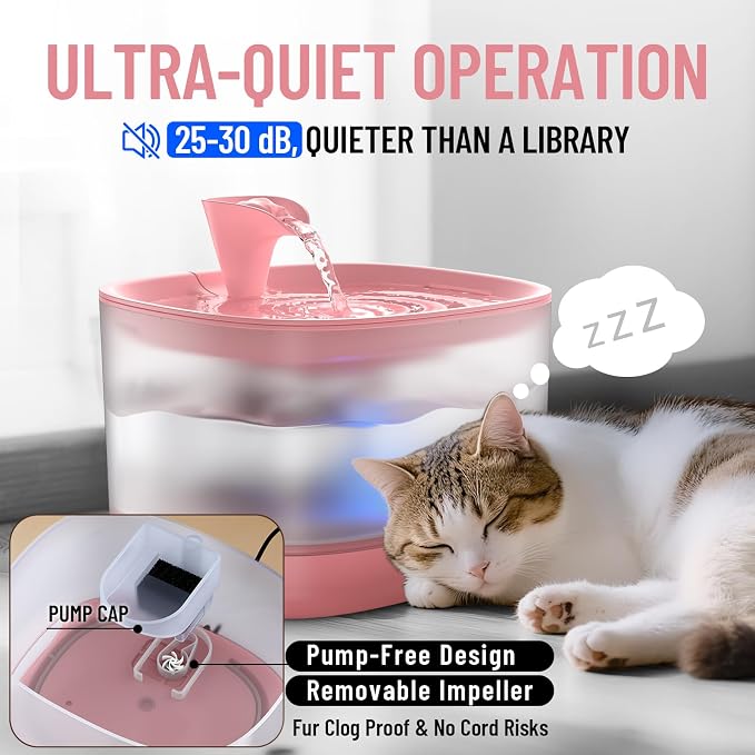 Veken 85oz/2.5L Cat Water Fountain with Detachable Tank for Cat, Dog, Red | Easy to Clean & Assemble, Pet Drinking Dispenser with Quiet Operation & LED Light, Small Pets
