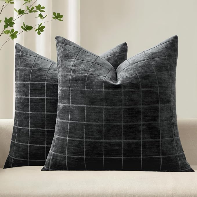MIULEE Black Plaid Decorative Throw Pillow Covers 18x18 Set of 2 | Vintage, Check Chenille Couch Pillows, Neutral Boho Farmhouse Cushion Covers, Modern Home Decor for Sofa Bed Living Room