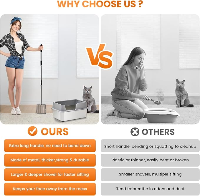 Cat Litter Scoop 43 inch Metal Litter Scooper with Stainless Steel Long Handle, Upgraded Large Kitty Box Scooper Heavy Duty Deep Shovel for Fast Sifting, Dog Waste Scooops for Outside Pet Poop