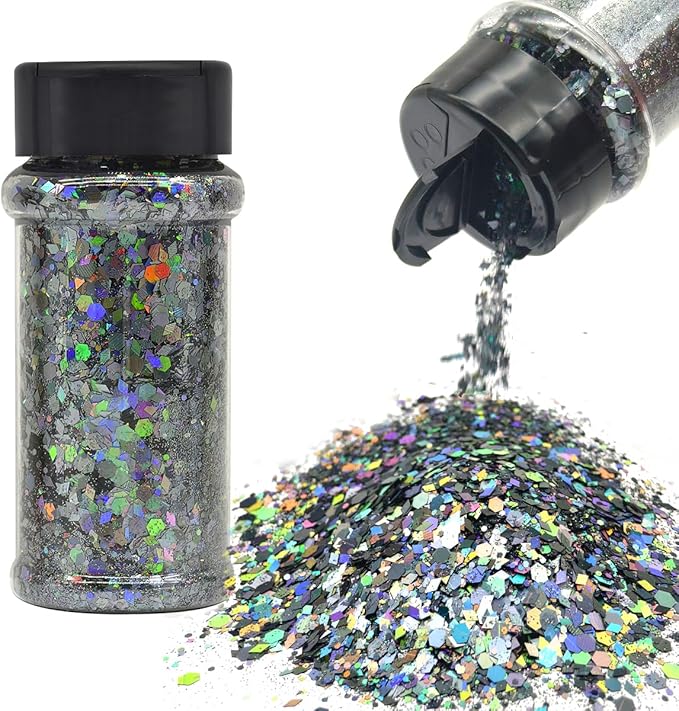 Dark Silver - Holographic Craft Glitter - 2oz Glitter Shaker Bright Colorful Mix Chunky Body Glitter Bulk - 24 Colors in Shaker, Cosmetic Grade Glitter - EBLB901