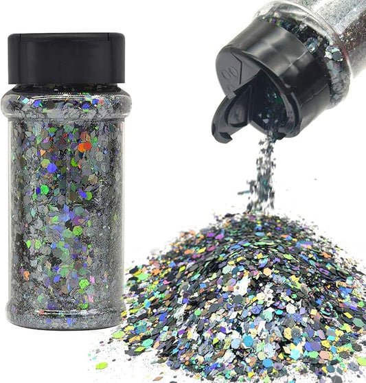 Dark Silver - Holographic Craft Glitter - 2oz Glitter Shaker Bright Colorful Mix Chunky Body Glitter Bulk - 24 Colors in Shaker, Cosmetic Grade Glitter - EBLB901
