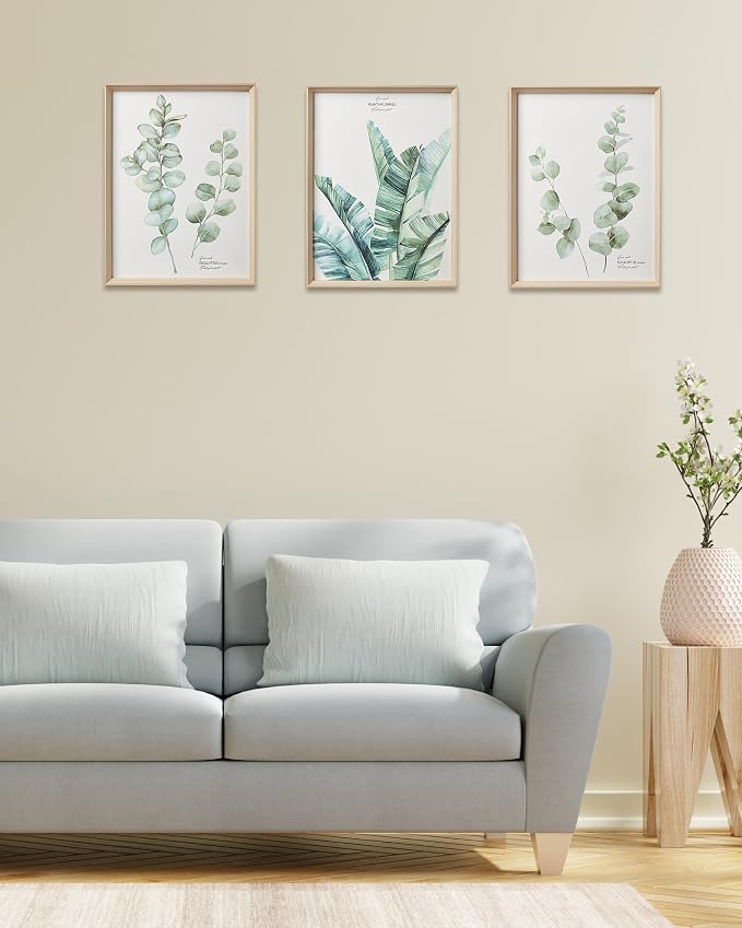 12x16IN Green Plant Eucalyptus Leaf Framed Wall Art, Set of 3 | Minimalist Botanical Canvas Prints for Living Room, High-Framed Wood Design Flower Artworks Poster for Bathroom Bedroom