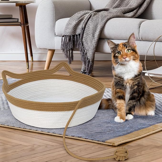 Cat Bed, Cotton Rope Instinct Basket for Cats, Handwoven Cat Beds | Stimuli Handwoven Basket for Cat, Pet Sleeping Bed with Rope Ball, Puppies, Rabbits and Small Pets (Medium, Brown & Beige)