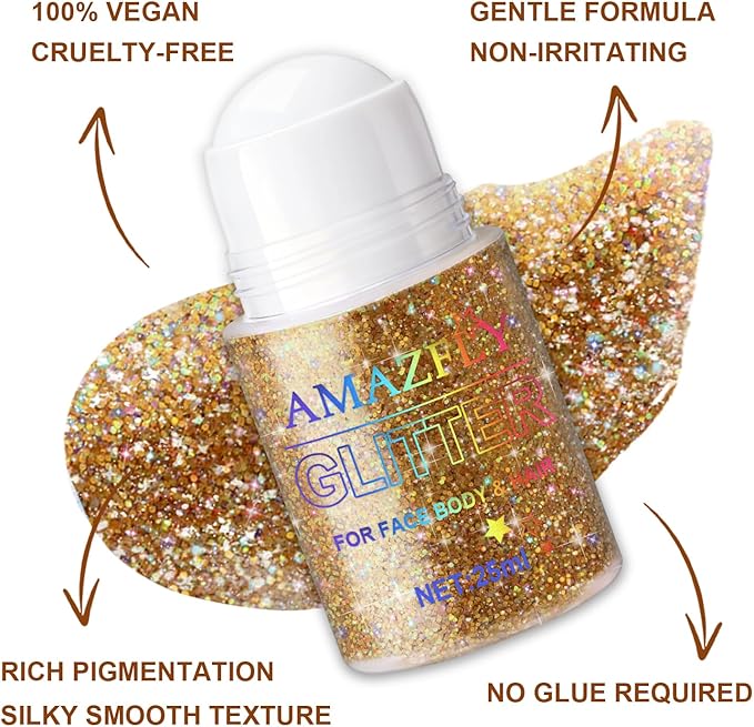 Roll-on Holographic Body Glitter Gel for Face and Hair, Chameleon Color Changing Glitter Gel Under Light, Chunky Mermaid Sequins Festival Party Rave Accessories Body Shimmer Makeup (Champagne)