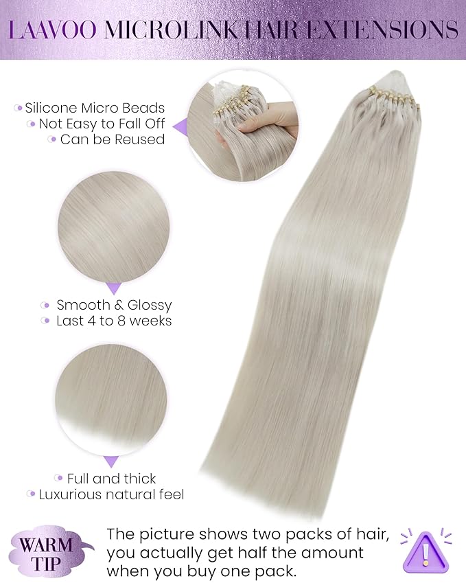 LaaVoo Micro Link Hair Extensions Human Hair Platinum Blonde Micro Loop Hair Extensions Real Human Hair Long Straight 24 in 50g/50s
