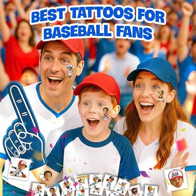 Custom Baseball Temporary Tattoos for Kids - Personalized Pre-Cut Face Photo Tattoos - Fun Birthday Party Favors for Boys, Baseball Fans - Set of 20 Unique Celebration Gifts