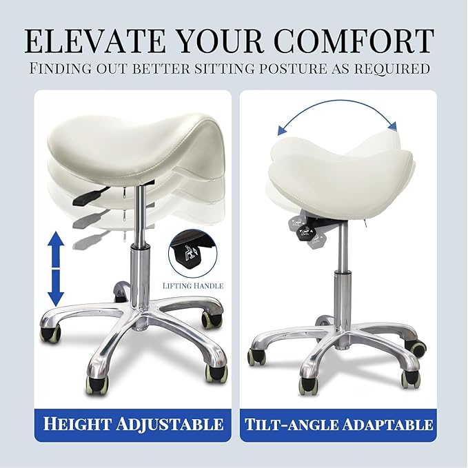 Saddle Stool with Wheels,Rolling Stool,Rolling Chair Ergonomic Swivel Rolling Chair with Hydraulic Lifting Height Adjustable Rolling for Office Medical Massage Salon Drafting(White)