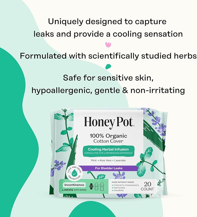 The Honey Pot Company - Herbal Panty Liners for Women - Organic Incontinence w/Wings - Infused w/Essential Oils for Cooling Effect - Postpartum Essentials - Feminine Care - 20ct