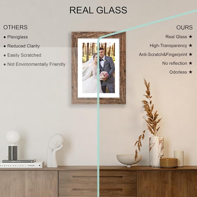 Hongkee 7x10 Picture Frame Set of 4, Made of Real Glass and Rustic Brown Frame - Display 5.5 x 8.5 Diploma Frame with Mat or 7x10 Without Mat, 7 by 10 Photo for Wall or Tabletop