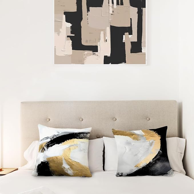 Abstract Black White and Gold Pillow Covers 16x16 Set of 2 - Modern Pillow Covers, Modern Home Decor, Black and Gold Decorative Pillows Cover for Couch Living Room Bedroom