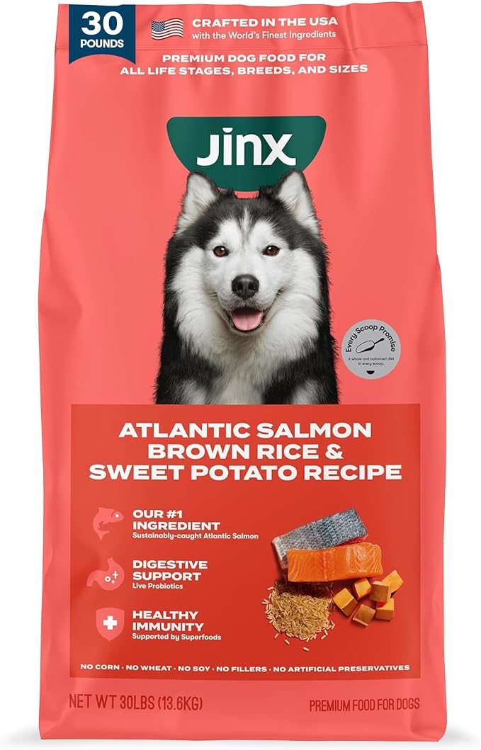 Jinx Dry Dog Food - Real Salmon, Brown Rice & Sweet Potato, 30lb | Premium Kibble for Digestive Support & Healthy Immunity - No Fillers, All Lifestages (Puppy, Adult & Senior), Breeds & Sizes
