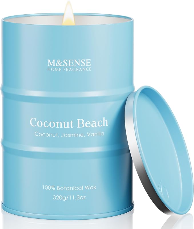 M&SENSE Coconut Beach Scented Candles Beach Soy Candle, Summer Candle for Stress Relief Meditation Relaxing, Housewarming Gifts for Women Men, 11.3oz 70 Hour Long Burning