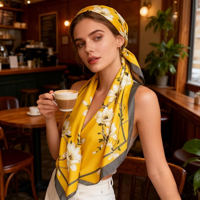 K-Elewon Large Square Scarf 43" Silk Scarf Fashion Scarves Silk Feeling Hair Wrapping Scarfs Night Sleeping Headscarf