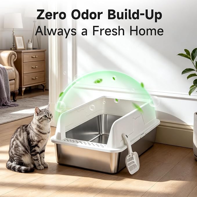 High-Sided Stainless Steel XL Cat Litter Box for Cats | High-Sided Design Prevents Urine Leakage,Non-Stick,Easy to Clean,Includes Scoop,White